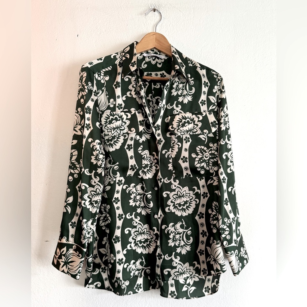 ZARA Satin Patterned Oversized Button Up Blouse